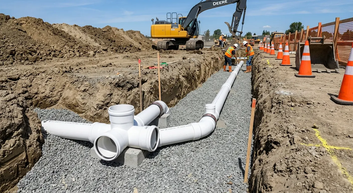 New PVC sewer pipe installation in open trench for Commercial Drain Cleaning in Pleasant Hills