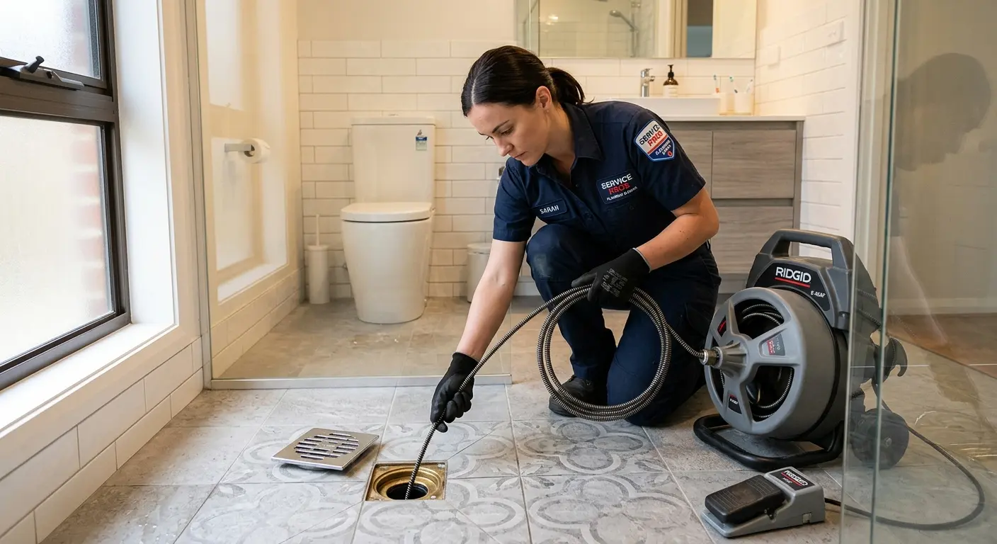 Technician clearing a bathroom floor drain for Drain Cleaning in Pleasant Hills